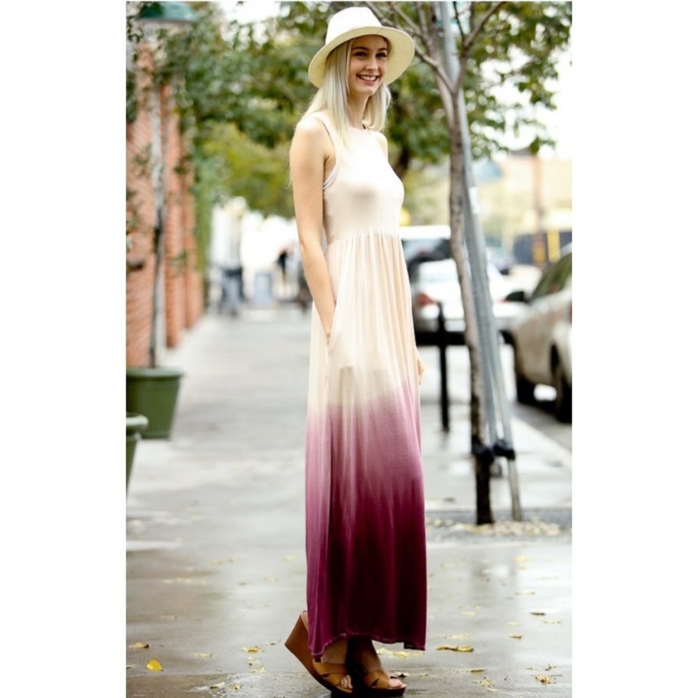 Ivory wine dip dye ombre maxi dress new